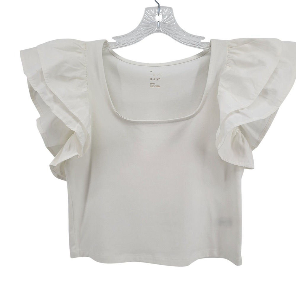 A New Day White Ruffle Flutter Sleeve Square Neck Knit Top S WHITE